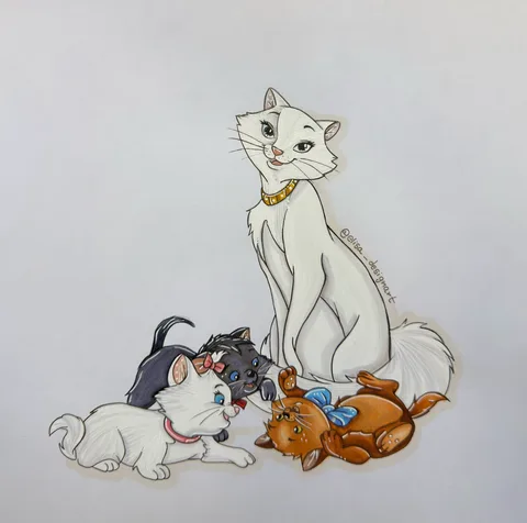 Ilustración de Duquesa junto a sus tres gatitos, Marie, Toulouse y Berlioz.