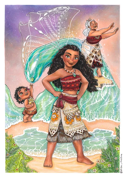 Ilustración de Vaiana junto al océano, con su versión de niña, su abuela Tala y una manta raya luminosa.