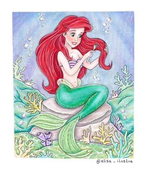 Ilustración de Ariel sentada sobre una roca con una taza en las manos, rodeada de corales y burbujas.