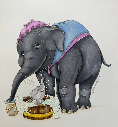 Ilustración de la señora Jumbo bañando al pequeño Dumbo en una tina llena de espuma.