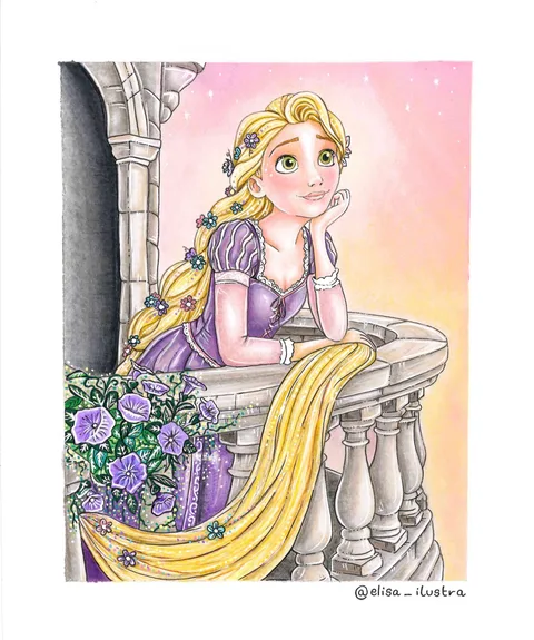Ilustración de Rapunzel apoyada en un balcón de piedra, con flores violetas y su larga trenza dorada.